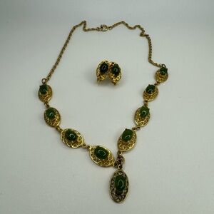 Vintage Art Nouveau Style Green Peridot Glass Filigree Necklace and Earring Set